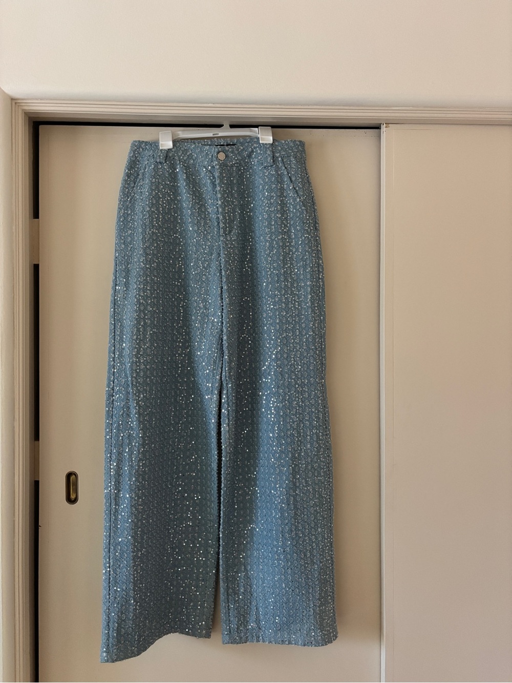 Sequined Blue Wide-Leg Pants